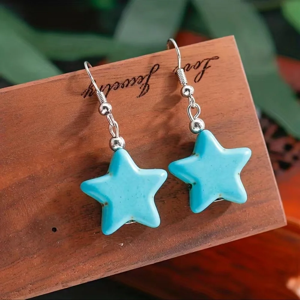 New Handmade S925 Sterling Silver Boheme Natural Turquoise Carved Star Earrings